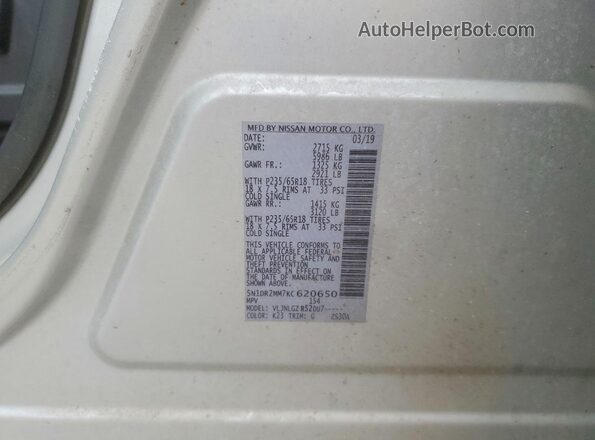 5N1DR2MM7KC620650 2019 NISSAN PATHFINDER Silver 