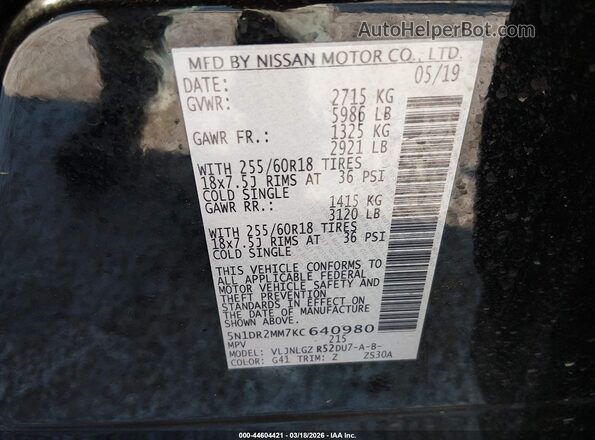 5N1DR2MM7KC640980 2019 NISSAN PATHFINDER Black 