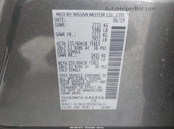 5N1DR2MM7KC646956 2019 NISSAN PATHFINDER Gray 