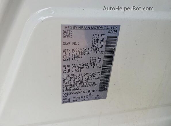 5N1DR2MM8KC649364 2019 NISSAN PATHFINDER White Widok naklejki z numerem VIN