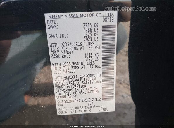 5N1DR2MM9KC652712 2019 NISSAN PATHFINDER Black Widok komory silnika