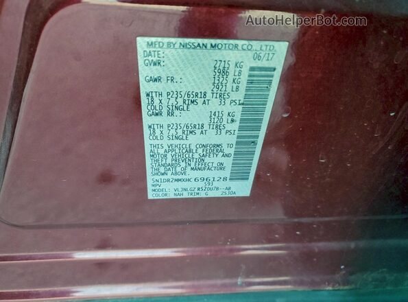 5N1DR2MMXHC696128 2017 NISSAN PATHFINDER Maroon VIN կոդի պիտակի տեսք
