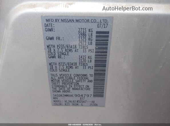 5N1DR2MMXHC904797 2017 NISSAN PATHFINDER Silver ძრავის განყოფილების ხედი