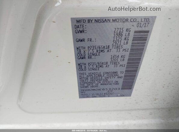 5N1DR2MN2HC653203 2017 NISSAN PATHFINDER White 