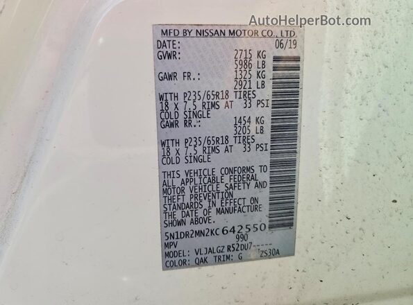 5N1DR2MN2KC642550 2019 NISSAN PATHFINDER White 