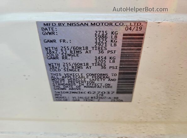5N1DR2MN3KC627037 2019 NISSAN PATHFINDER White 