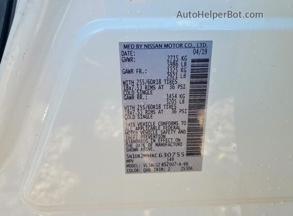 5N1DR2MN4KC630755 2019 NISSAN PATHFINDER White Widok naklejki z numerem VIN