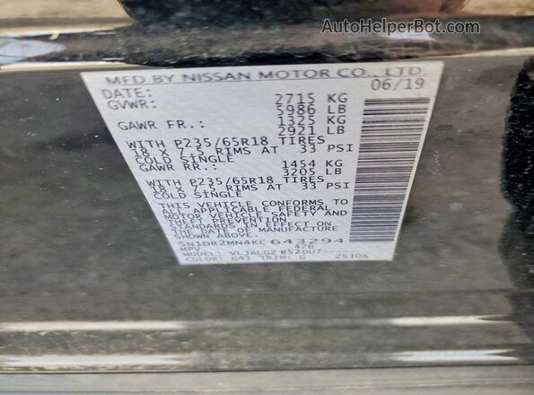 5N1DR2MN4KC643294 2019 NISSAN PATHFINDER Black 