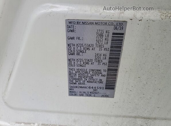 5N1DR2MN4KC644591 2019 NISSAN PATHFINDER White 