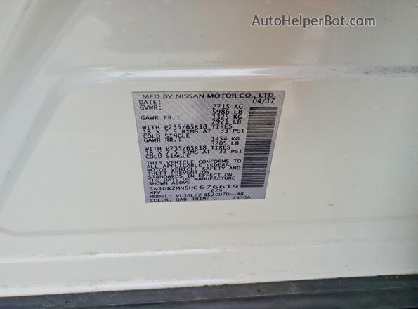 5N1DR2MN5HC676619 2017 NISSAN PATHFINDER White Շարժիչի բաժամունքի տեսք