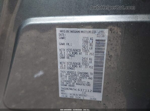 5N1DR2MN7HC637112 2017 NISSAN PATHFINDER Gray 