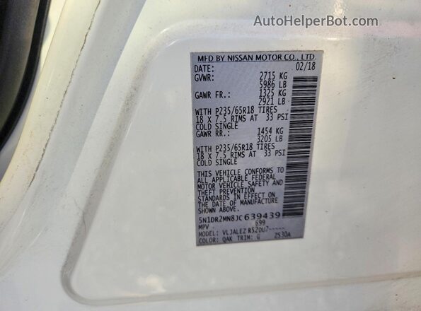 5N1DR2MN8JC639439 2018 NISSAN PATHFINDER White Вид наклейки з VIN-кодом