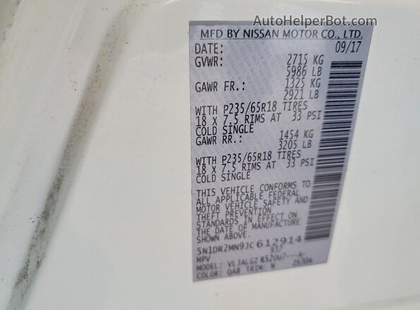 5N1DR2MN9JC612914 2018 NISSAN PATHFINDER White Widok naklejki z numerem VIN