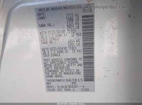 5N1DR2MN9JC663815 2018 NISSAN PATHFINDER Silver Вид підкапотного простору