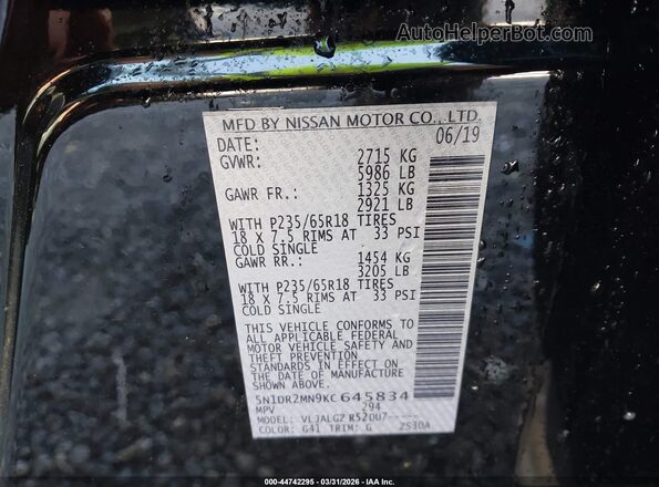 5N1DR2MN9KC645834 2019 NISSAN PATHFINDER Black 
