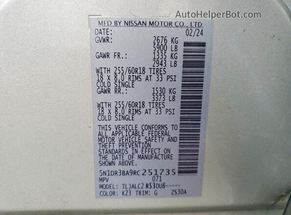 5N1DR3BA9RC251735 2024 NISSAN PATHFINDER Silver VIN կոդի պիտակի տեսք