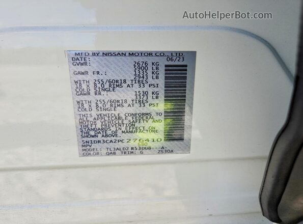 5N1DR3CA2PC276410 2023 NISSAN PATHFINDER White Вид наклейки з VIN-кодом