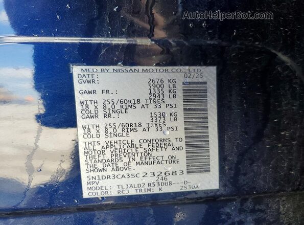 5N1DR3CA3SC232683 2025 NISSAN PATHFINDER Blue Vista interior de 360 grados