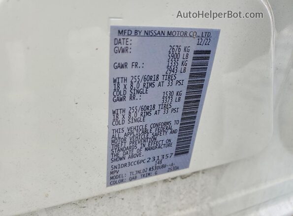 5N1DR3CC6PC231357 2023 NISSAN PATHFINDER White VIN sticker view