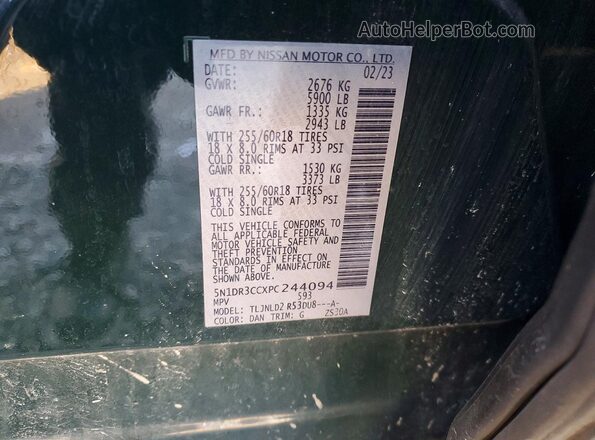 5N1DR3CCXPC244094 2023 NISSAN PATHFINDER Green Вид наклейки з VIN-кодом