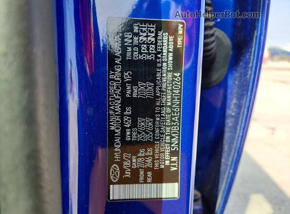 5NMJB3AE6NH140264 2022 HYUNDAI TUCSON Синий Вид подкапотного пространства