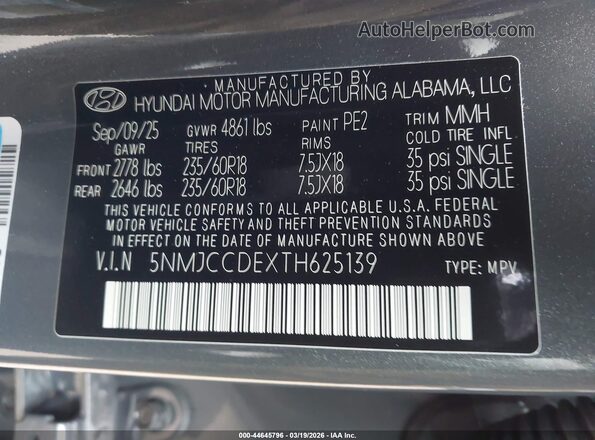 5NMJCCDEXTH625139 2026 HYUNDAI TUCSON Gray Vista del compartimento del motor