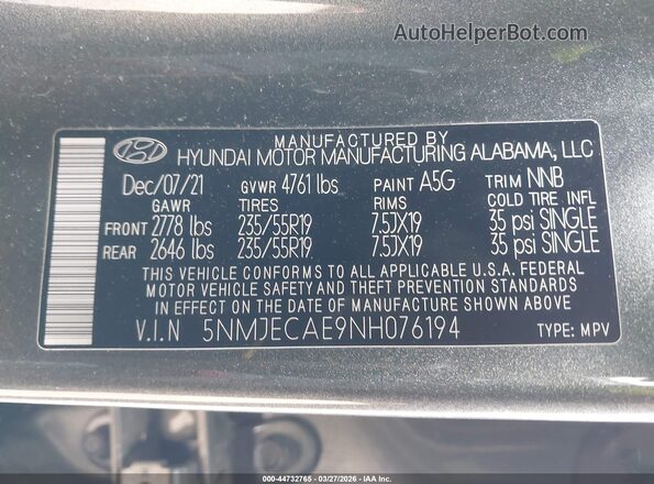 5NMJECAE9NH076194 2022 HYUNDAI TUCSON Gray Շարժիչի բաժամունքի տեսք