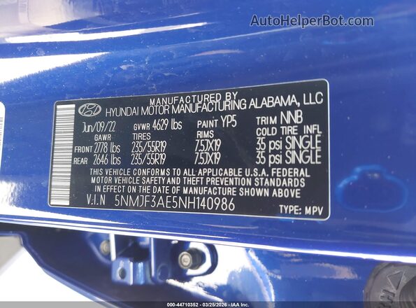 5NMJF3AE5NH140986 2022 HYUNDAI TUCSON Синий Вид подкапотного пространства