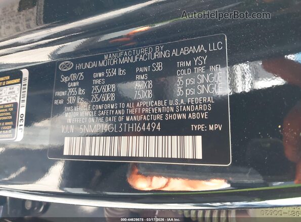 5NMP14GL3TH164494 2026 HYUNDAI SANTA FE Black Շարժիչի բաժամունքի տեսք