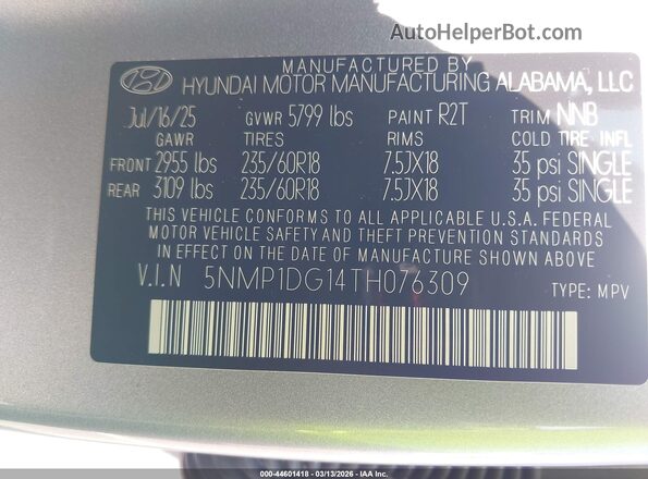 5NMP1DG14TH076309 2026 HYUNDAI SANTA FE HYBRID Silver Շարժիչի բաժամունքի տեսք