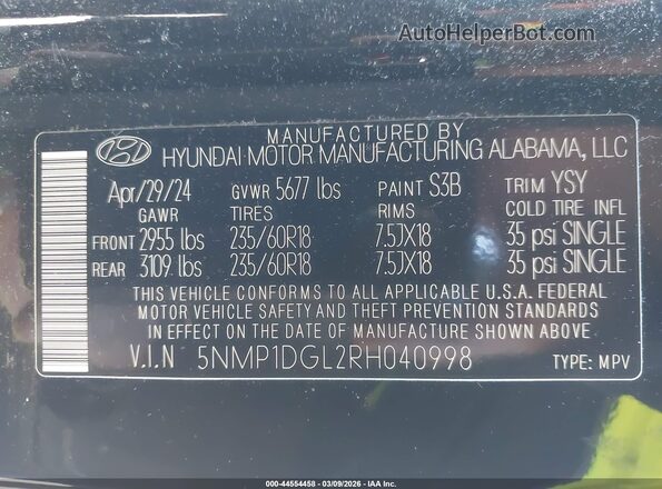 5NMP1DGL2RH040998 2024 HYUNDAI SANTA FE Black Շարժիչի բաժամունքի տեսք