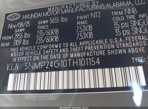 5NMP24G10TH101154 2026 HYUNDAI SANTA FE HYBRID Gray Vista del compartimento del motor