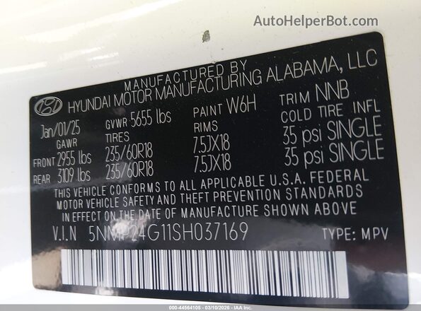 5NMP24G11SH037169 2025 HYUNDAI SANTA FE HYBRID Белый 