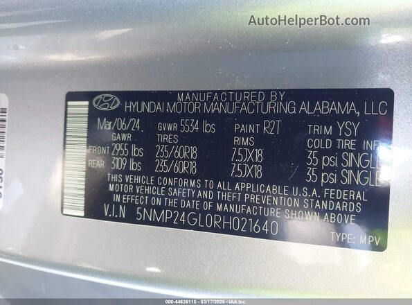 5NMP24GL0RH021640 2024 HYUNDAI SANTA FE Silver Vista del compartimento del motor