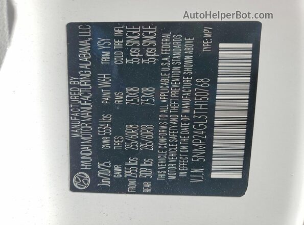 5NMP24GL3TH150768 2026 HYUNDAI SANTA White VIN sticker view