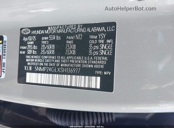 5NMP24GLXSH136977 2025 HYUNDAI SANTA FE Gray Vista del compartimento del motor