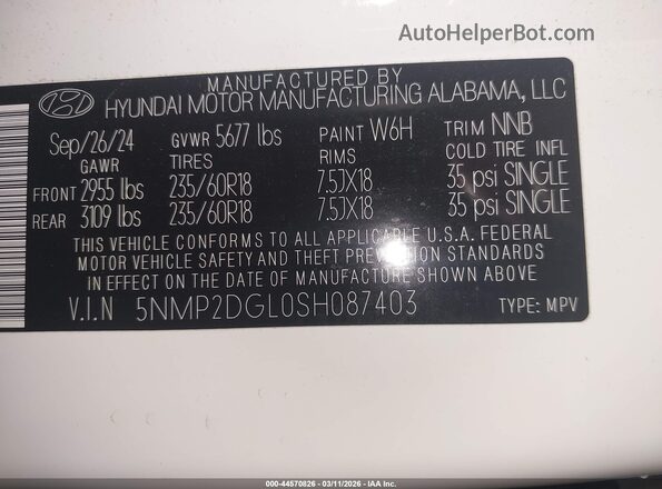 5NMP2DGL0SH087403 2025 HYUNDAI SANTA FE White Вид підкапотного простору