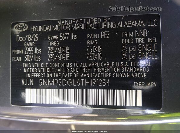 5NMP2DGL6TH191234 2026 HYUNDAI SANTA FE Gray Շարժիչի բաժամունքի տեսք