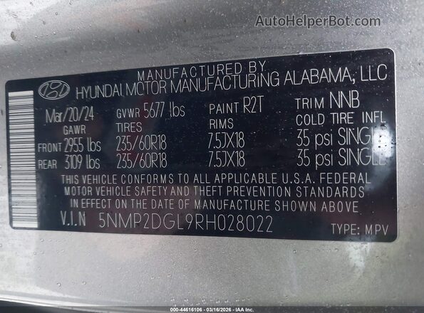 5NMP2DGL9RH028022 2024 HYUNDAI SANTA FE Gray ძრავის განყოფილების ხედი