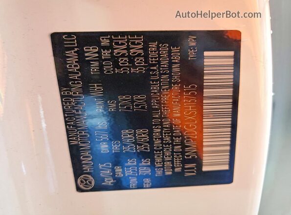 5NMP2DGLXSH137515 2025 HYUNDAI SANTA White VIN sticker view