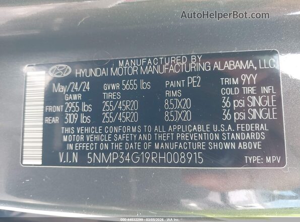 5NMP34G19RH008915 2024 HYUNDAI SANTA FE HYBRID Gray ძრავის განყოფილების ხედი