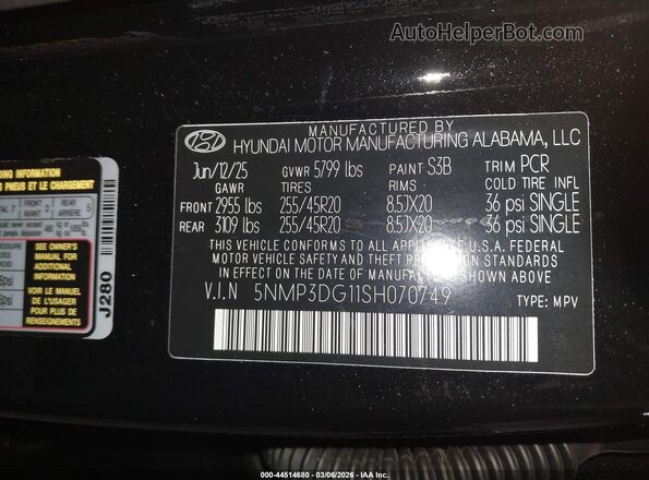 5NMP3DG11SH070749 2025 HYUNDAI SANTA FE HYBRID Black Engine compartment view