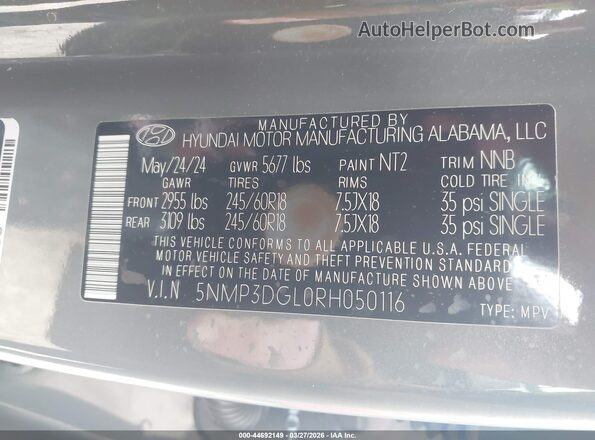 5NMP3DGL0RH050116 2024 HYUNDAI SANTA FE Gray Widok komory silnika