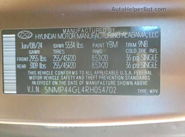 5NMP44GL4RH054702 2024 HYUNDAI SANTA Коричневый Вид наклейки с VIN-кодом
