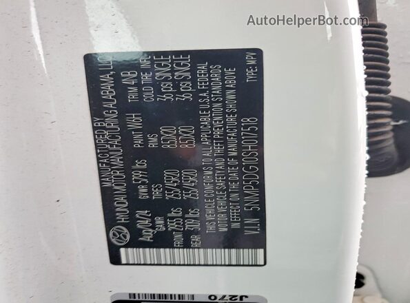 5NMP5DG10SH017518 2025 HYUNDAI SANTA White Vista de la etiqueta del VIN