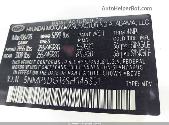 5NMP5DG13SH046351 2025 HYUNDAI SANTA FE HYBRID White 