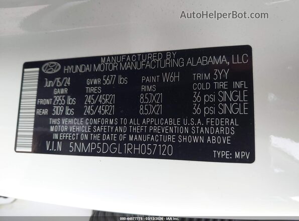 5NMP5DGL1RH057120 2024 HYUNDAI SANTA FE CALLIGRAPHY White Vista del compartimento del motor