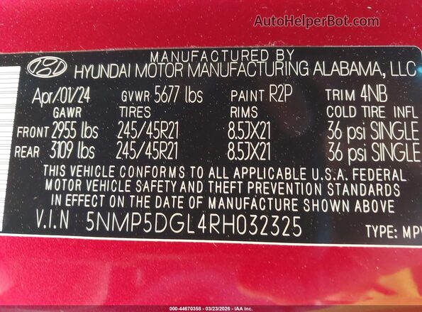 5NMP5DGL4RH032325 2024 HYUNDAI SANTA FE CALLIGRAPHY Red ძრავის განყოფილების ხედი