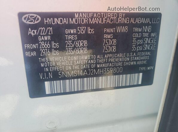 5NMS14AJ2MH359800 2021 HYUNDAI SANTA White Widok naklejki z numerem VIN