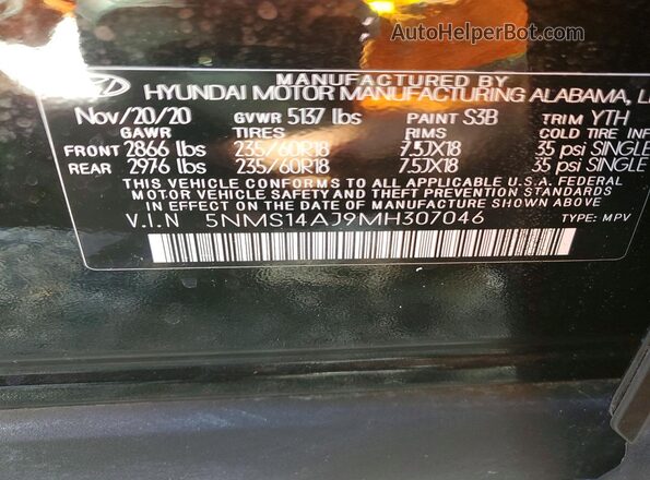 5NMS14AJ9MH307046 2021 HYUNDAI SANTA Black VIN კოდის სტიკერის ხედი